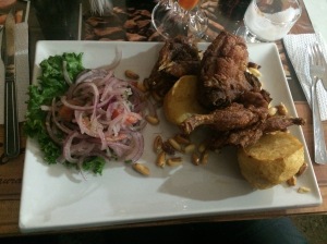 You are looking at cuy here. That is guinnea pig, a delicacy that all eat in Peru. I could not bring myself to order it, let alone try it, but my Chilean friend from the hostel tried the cuy our last night in Arequipa. A mí, cuy es una mascota (cuy is a pet!)