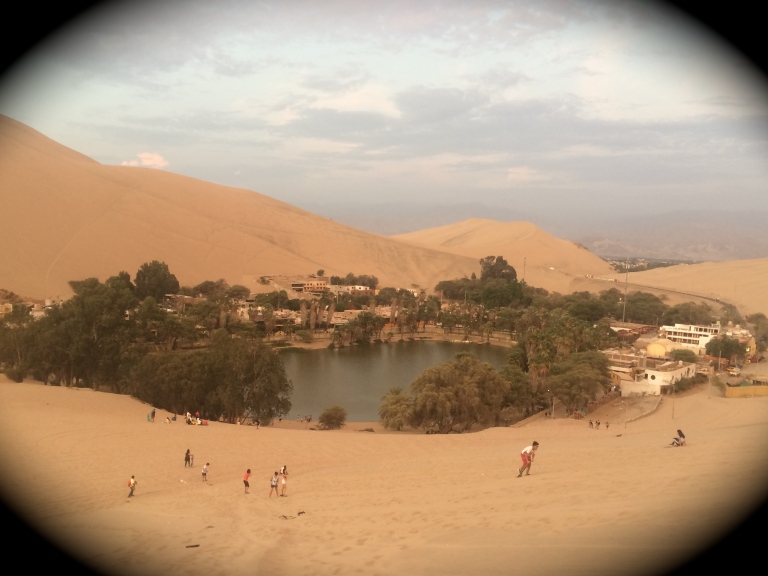 Huacachina, the desert oasis, from above.